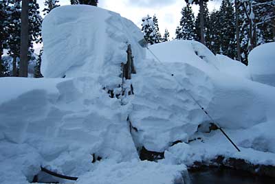 自作の雪尻落とし器、こんなに伸びますよ。