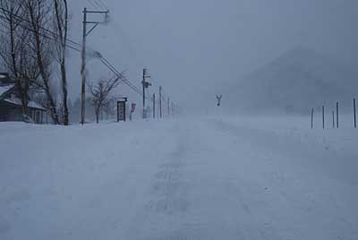 道路は猛吹雪で、真っ白になり見えなくなりました。